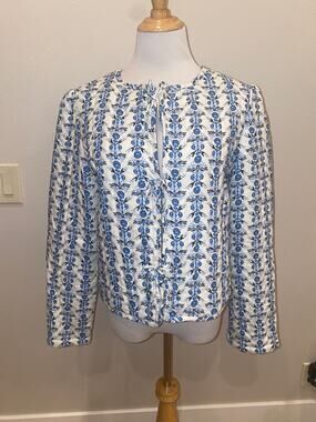 Caroline Constas White/blue Floral Quilted Linen Blend Jacket Size large